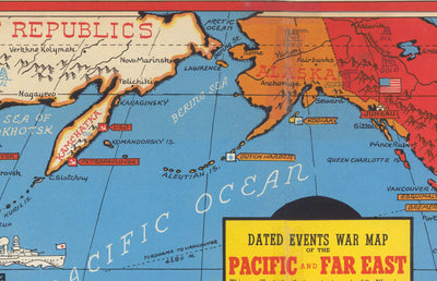 Alte Weltkrieg 2 Karte des Pazifiks und Fernen Ostens im Jahr 1942 von Stanley Turner - "Datierte Ereignisse" Japan, USA, Großbritannien, Pazifik, UdSSR 