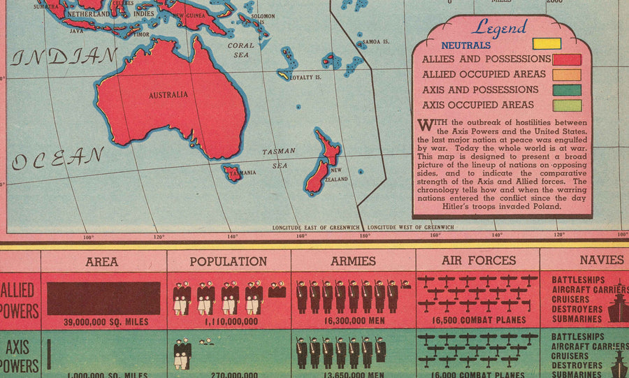 Antiguo mapa de la Segunda Guerra Mundial, 1942 - "El mundo en guerra" de Edwin Sundberg - Estados Unidos entra en la guerra - Aliados contra tropas del Eje