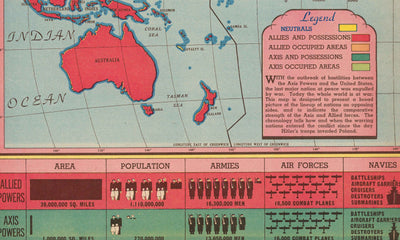 Ancienne carte de la Seconde Guerre mondiale, 1942 - "World at War" par Edwin Sundberg - Les États-Unis entrent en guerre - Alliés contre troupes de l'Axe