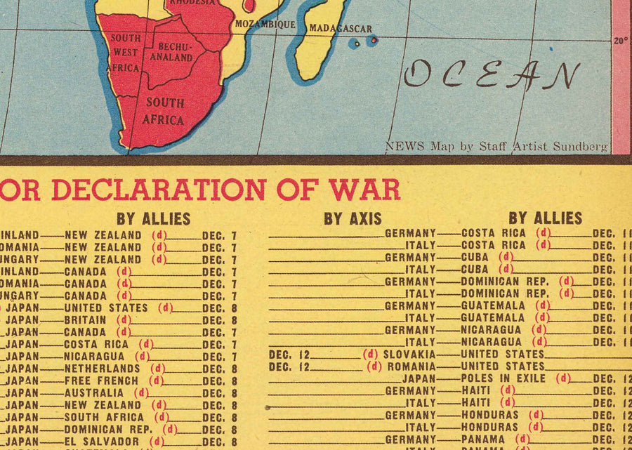 Antiguo mapa de la Segunda Guerra Mundial, 1942 - "El mundo en guerra" de Edwin Sundberg - Estados Unidos entra en la guerra - Aliados contra tropas del Eje