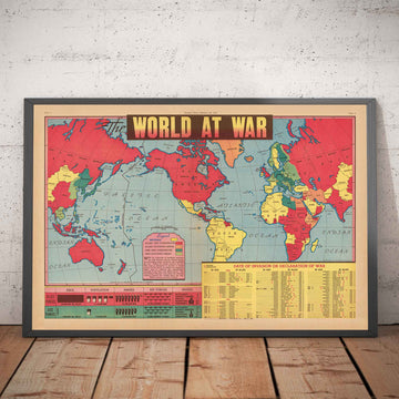 Ancienne carte de la Seconde Guerre mondiale, 1942 - "World at War" par Edwin Sundberg - Les États-Unis entrent en guerre - Alliés contre troupes de l&