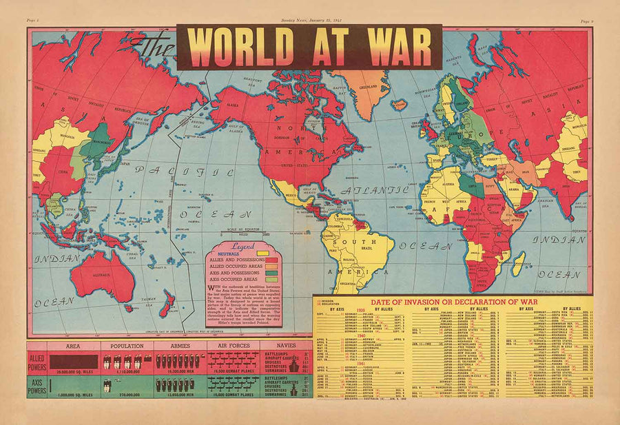 Antiguo mapa de la Segunda Guerra Mundial, 1942 - "El mundo en guerra" de Edwin Sundberg - Estados Unidos entra en la guerra - Aliados contra tropas del Eje