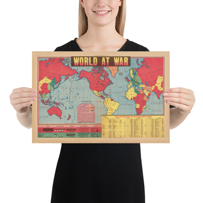 Ancienne carte de la Seconde Guerre mondiale, 1942 - "World at War" par Edwin Sundberg - Les États-Unis entrent en guerre - Alliés contre troupes de l'Axe