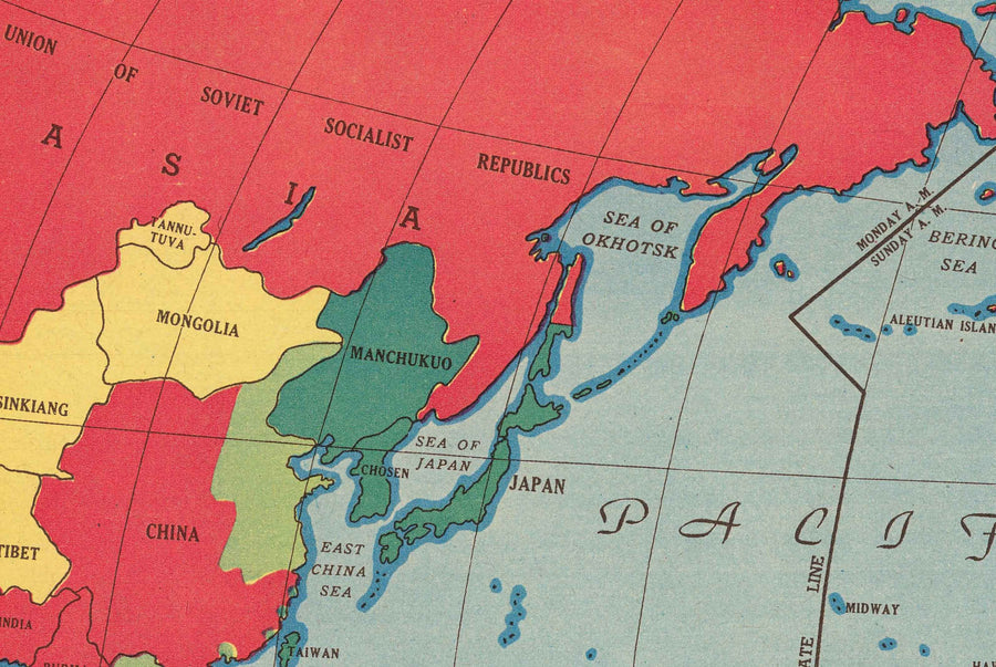 Antiguo mapa de la Segunda Guerra Mundial, 1942 - "El mundo en guerra" de Edwin Sundberg - Estados Unidos entra en la guerra - Aliados contra tropas del Eje