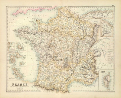 Old Map of France and its Foreign Possessions, 1872 by Archibald Fullarton - Algeria, French Guiana, Corsica, The Alps, Martinique