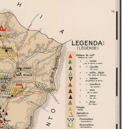 Mapa antiguo de Minas Gerais, Brasil en 1908 - Agricultura, Geología, Rocas, Suelo - Belo Horizonte, Uberlandia, Uberaba, Juiz de Fora, Curvelo