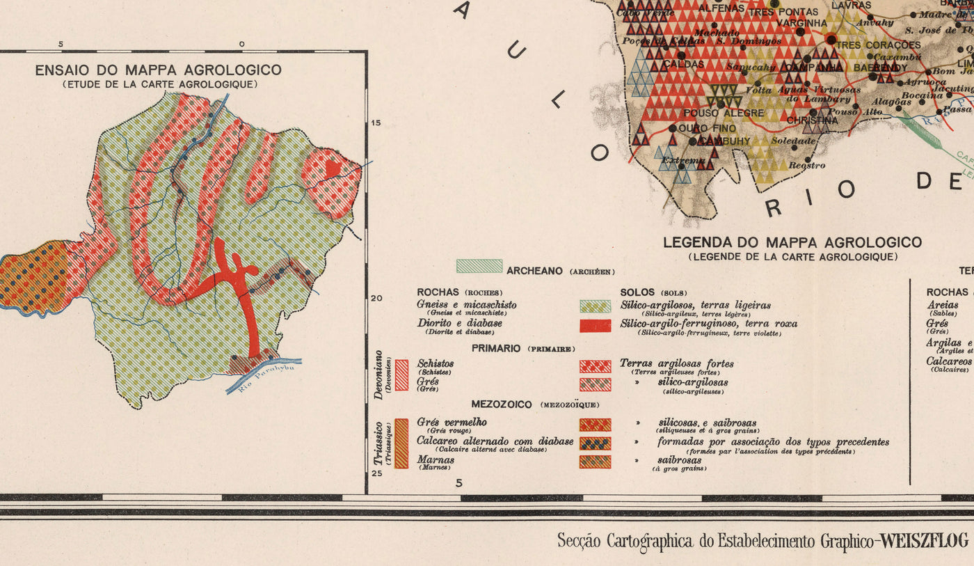 Mapa antiguo de Minas Gerais, Brasil en 1908 - Agricultura, Geología, Rocas, Suelo - Belo Horizonte, Uberlandia, Uberaba, Juiz de Fora, Curvelo