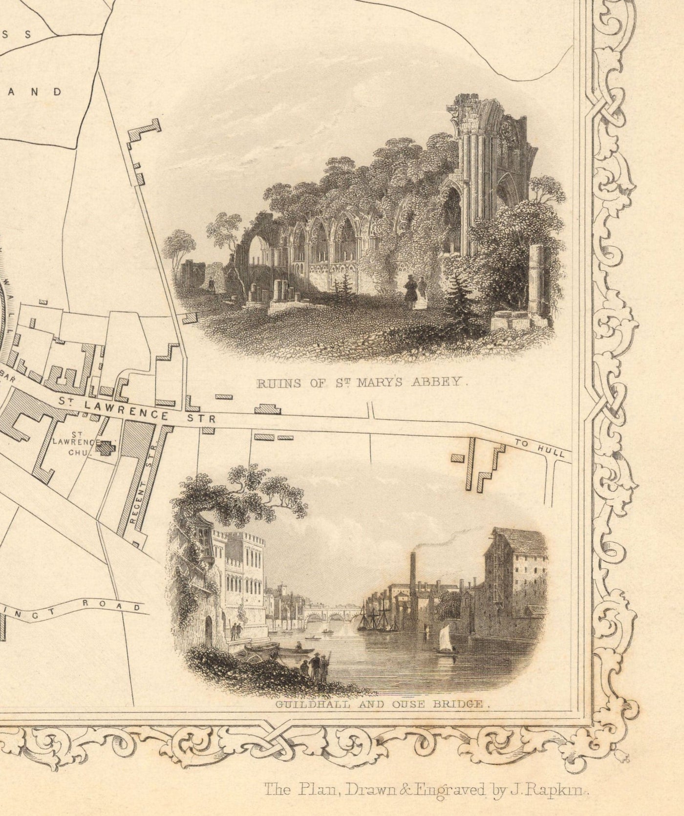 Old Map of York in 1851 by Tallis & Rapkin - City Centre Chart, York Minster Cathedral, River Ouse