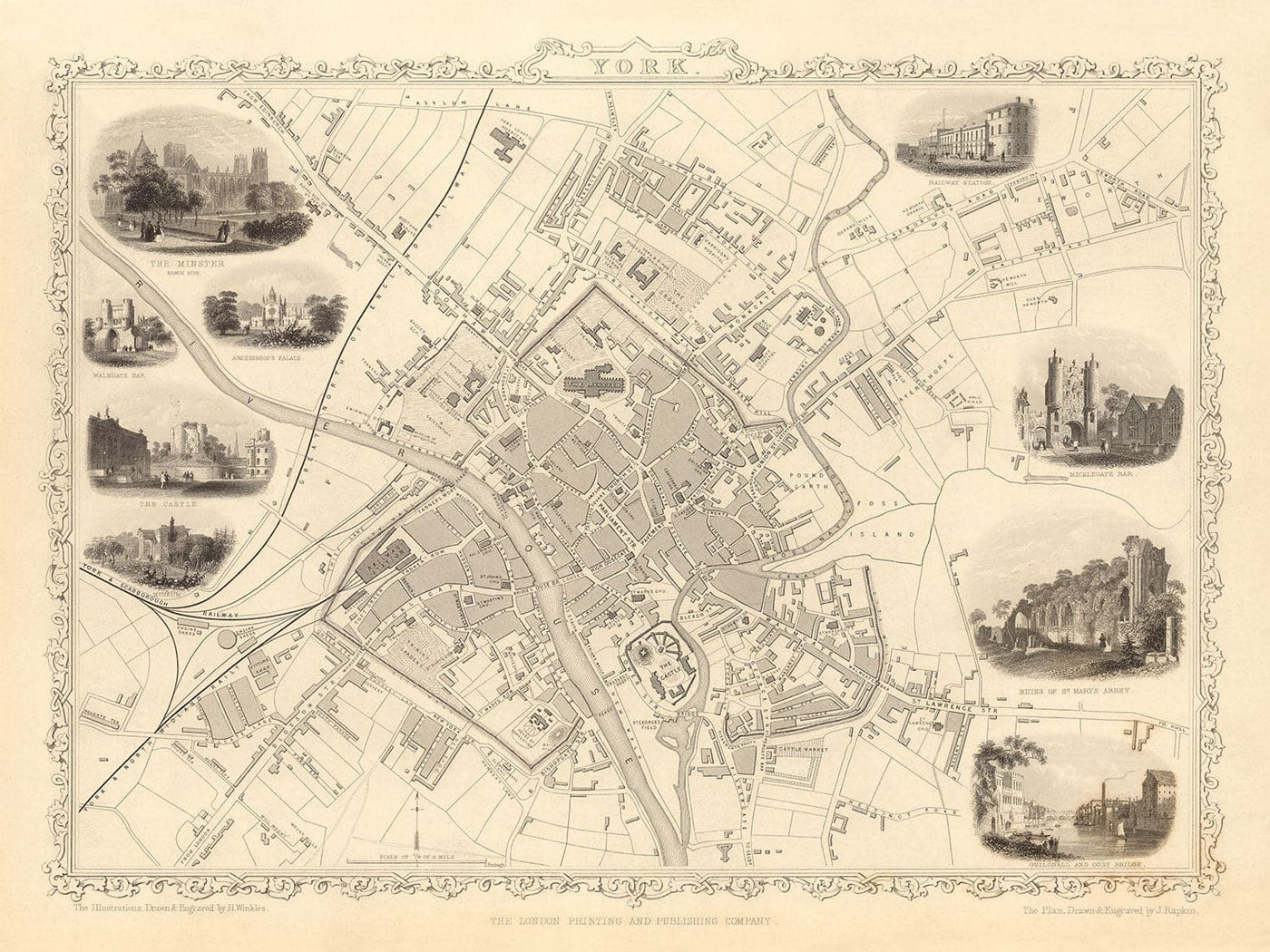 Old Map of York in 1851 by Tallis & Rapkin - City Centre Chart, York Minster Cathedral, River Ouse