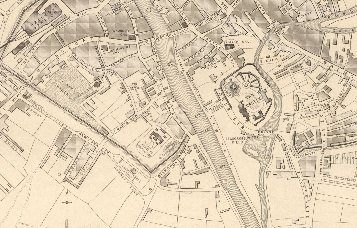 Old Map of York in 1851 by Tallis & Rapkin - City Centre Chart, York Minster Cathedral, River Ouse