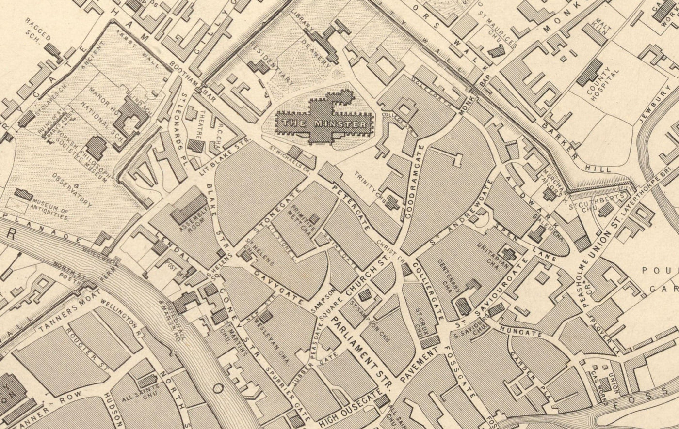 Old Map of York in 1851 by Tallis & Rapkin - City Centre Chart, York Minster Cathedral, River Ouse