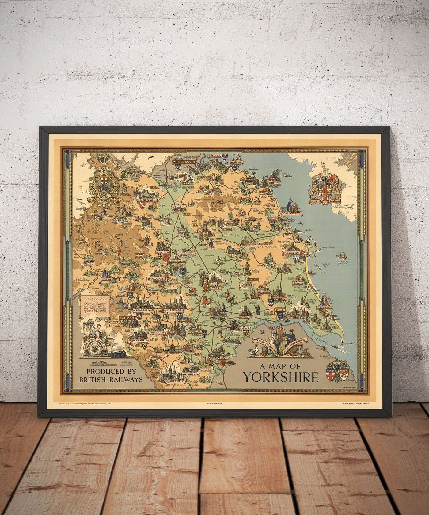 Old Map of Yorkshire, 1949 - British Railway Pictorial Chart - York, Sheffield, Bradford, Leeds, Middlesbrough, Pennines