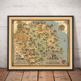 Alte Karte von Yorkshire, 1949 - Britische Eisenbahn-Piktogrammkarte - York, Sheffield, Bradford, Leeds, Middlesbrough, Penninen 