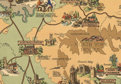 Old Map of Yorkshire, 1949 - British Railway Pictorial Chart - York, Sheffield, Bradford, Leeds, Middlesbrough, Pennines