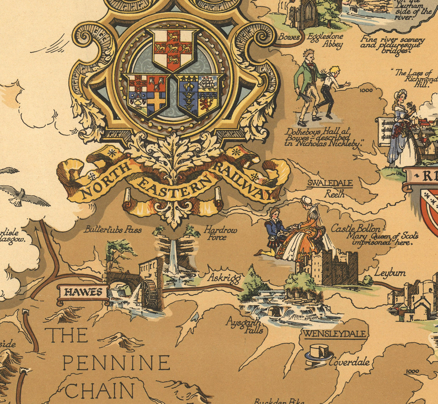 Old Map of Yorkshire, 1949 - British Railway Pictorial Chart - York, Sheffield, Bradford, Leeds, Middlesbrough, Pennines