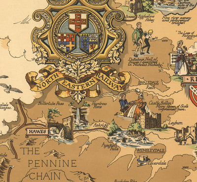 Old Map of Yorkshire, 1949 - British Railway Pictorial Chart - York, Sheffield, Bradford, Leeds, Middlesbrough, Pennines