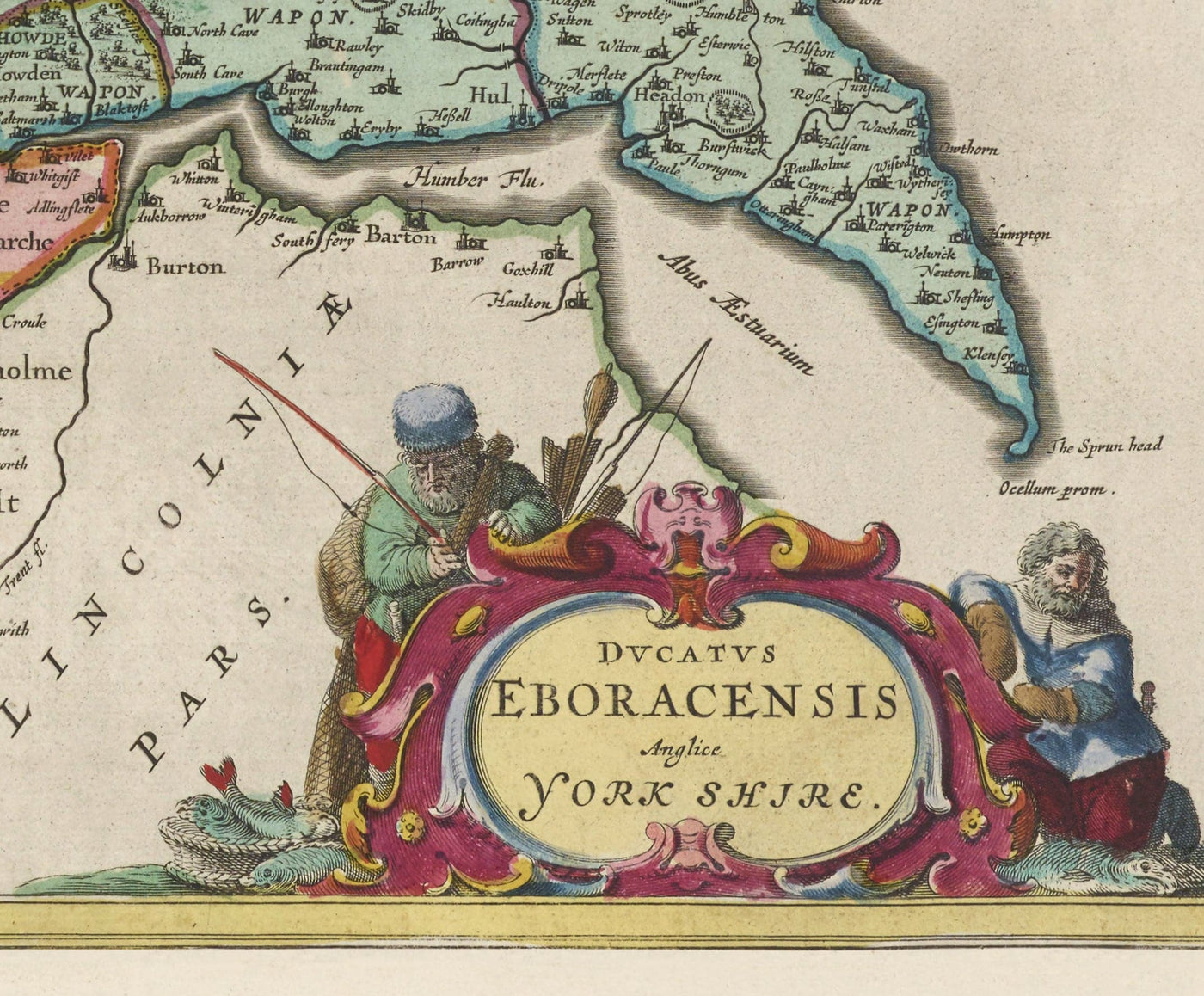 Alte Karte von Yorkshire im Jahr 1654 von Joan Blaeu - York, Bradford, Sheffield, Leeds, Middlesbrough, Harrogate 