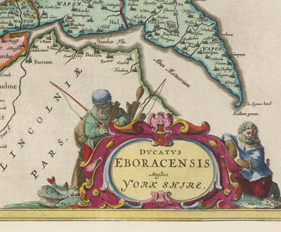 Alte Karte von Yorkshire im Jahr 1654 von Joan Blaeu - York, Bradford, Sheffield, Leeds, Middlesbrough, Harrogate 