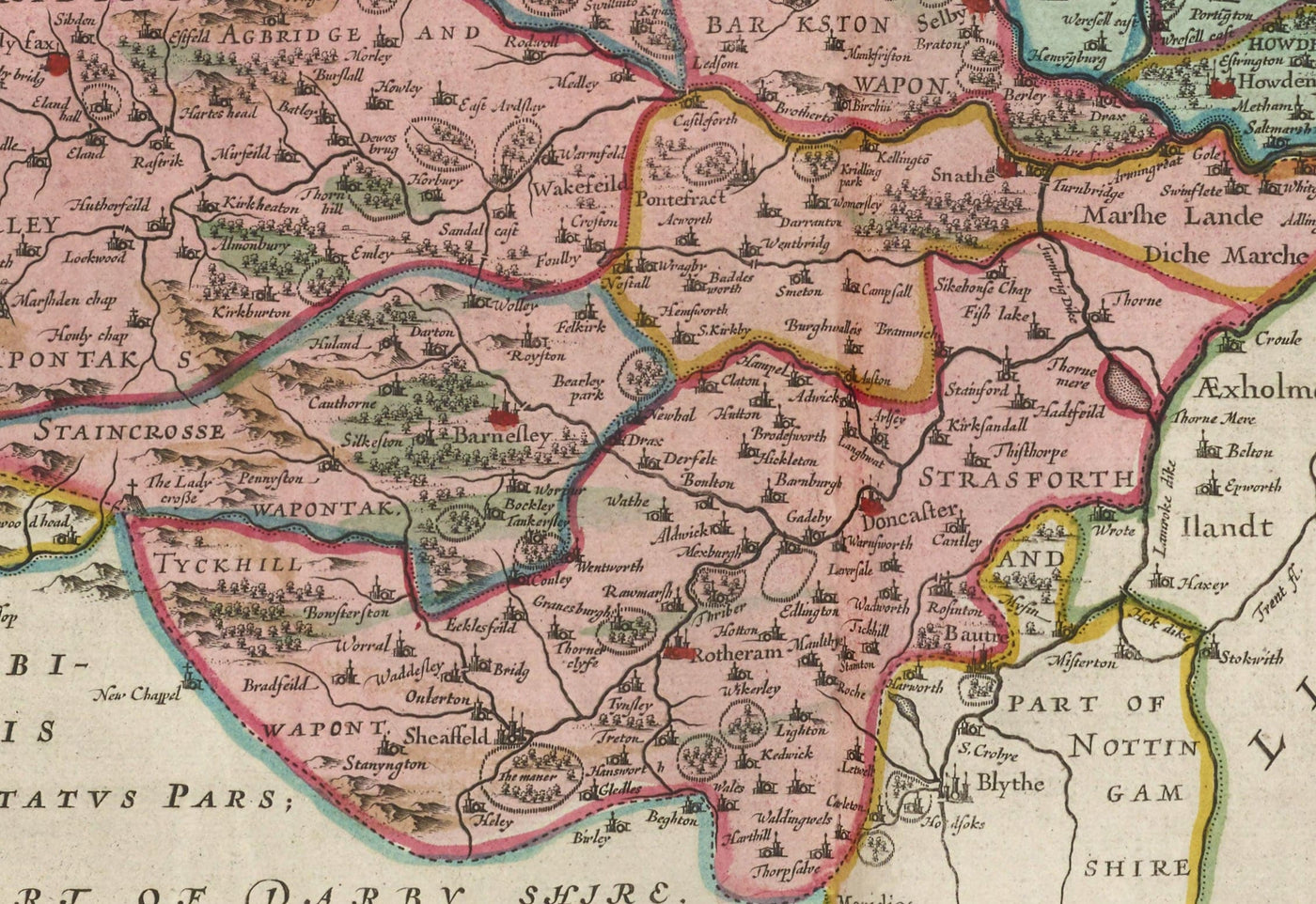 Alte Karte von Yorkshire im Jahr 1654 von Joan Blaeu - York, Bradford, Sheffield, Leeds, Middlesbrough, Harrogate 