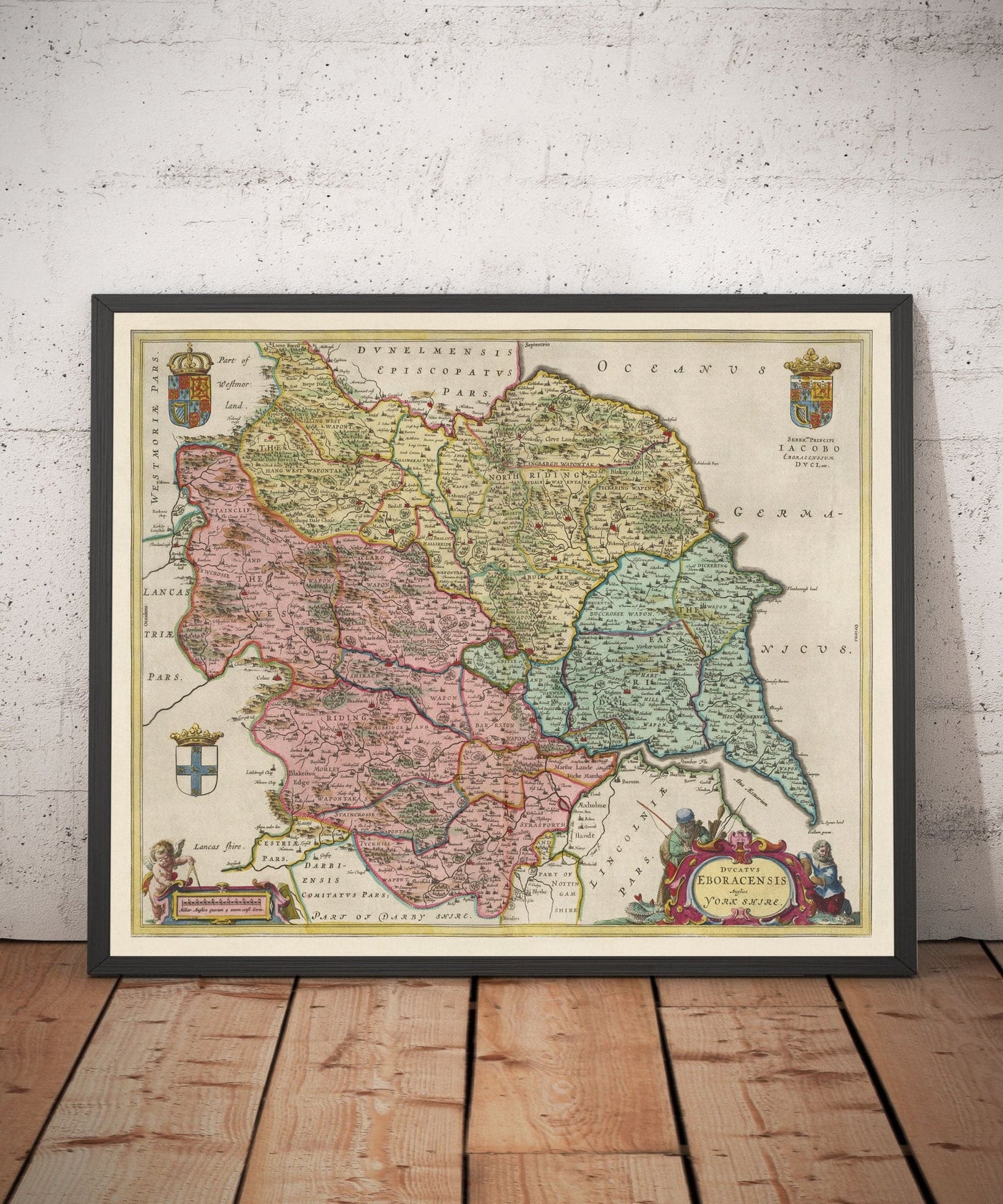 Alte Karte von Yorkshire im Jahr 1654 von Joan Blaeu - York, Bradford, Sheffield, Leeds, Middlesbrough, Harrogate 