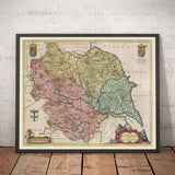 Viejo Mapa de Yorkshire en 1654 por Joan Blaeu - York, Bradford, Sheffield, Leeds, Middlesbrough, Harrogate
