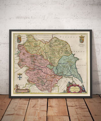 Alte Karte von Yorkshire im Jahr 1654 von Joan Blaeu - York, Bradford, Sheffield, Leeds, Middlesbrough, Harrogate 