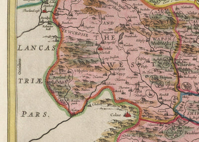 Alte Karte von Yorkshire im Jahr 1654 von Joan Blaeu - York, Bradford, Sheffield, Leeds, Middlesbrough, Harrogate 