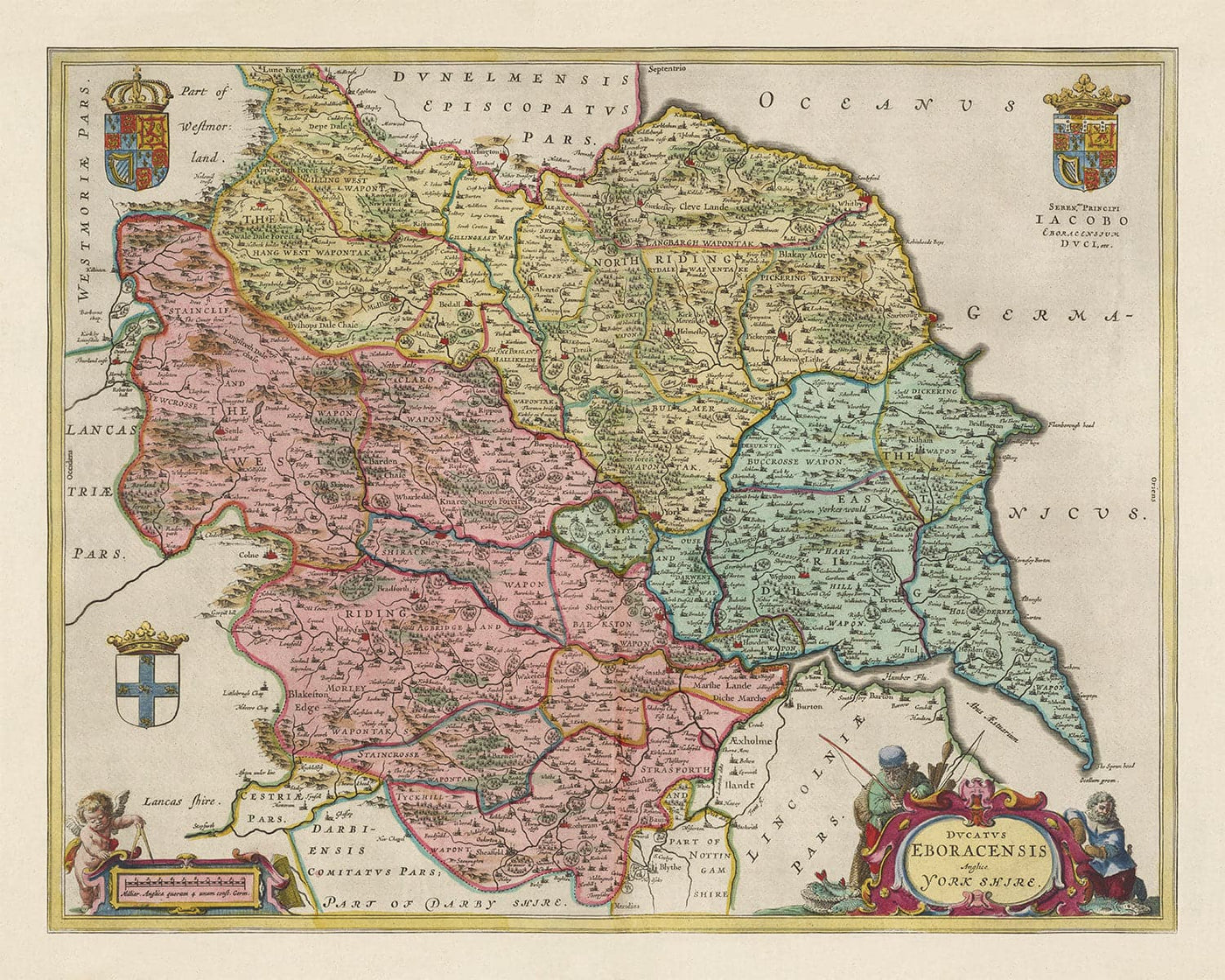 Alte Karte von Yorkshire im Jahr 1654 von Joan Blaeu - York, Bradford, Sheffield, Leeds, Middlesbrough, Harrogate 