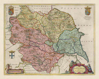 Alte Karte von Yorkshire im Jahr 1654 von Joan Blaeu - York, Bradford, Sheffield, Leeds, Middlesbrough, Harrogate 