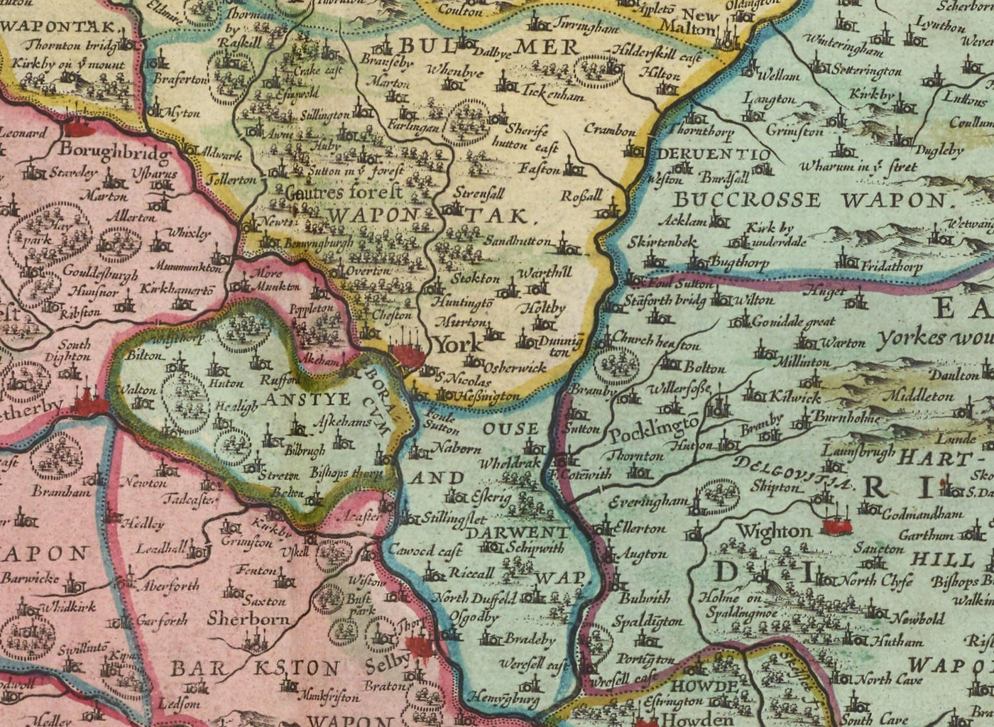Alte Karte von Yorkshire im Jahr 1654 von Joan Blaeu - York, Bradford, Sheffield, Leeds, Middlesbrough, Harrogate 