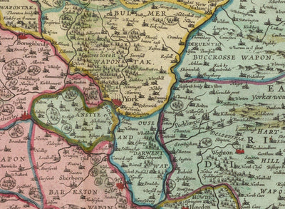 Alte Karte von Yorkshire im Jahr 1654 von Joan Blaeu - York, Bradford, Sheffield, Leeds, Middlesbrough, Harrogate 
