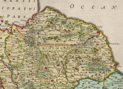 Alte Karte von Yorkshire im Jahr 1654 von Joan Blaeu - York, Bradford, Sheffield, Leeds, Middlesbrough, Harrogate 