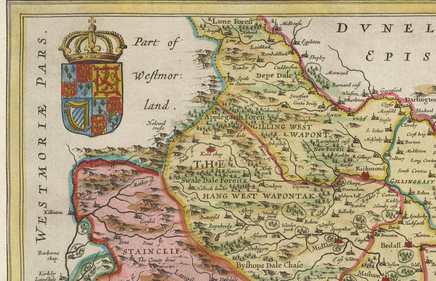 Alte Karte von Yorkshire im Jahr 1654 von Joan Blaeu - York, Bradford, Sheffield, Leeds, Middlesbrough, Harrogate 
