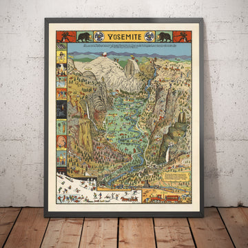 Old Pictorial Map of Yosemite National Park in 1941 by Jo Mora - Mirror Lake, Vernal Falls, Nevada Falls, Eagle Peak, Washington Column
