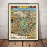 Antiguo mapa pictórico del Parque Nacional de Yosemite en 1941 por Jo Mora - Mirror Lake, Vernal Falls, Nevada Falls, Eagle Peak, Washington Column