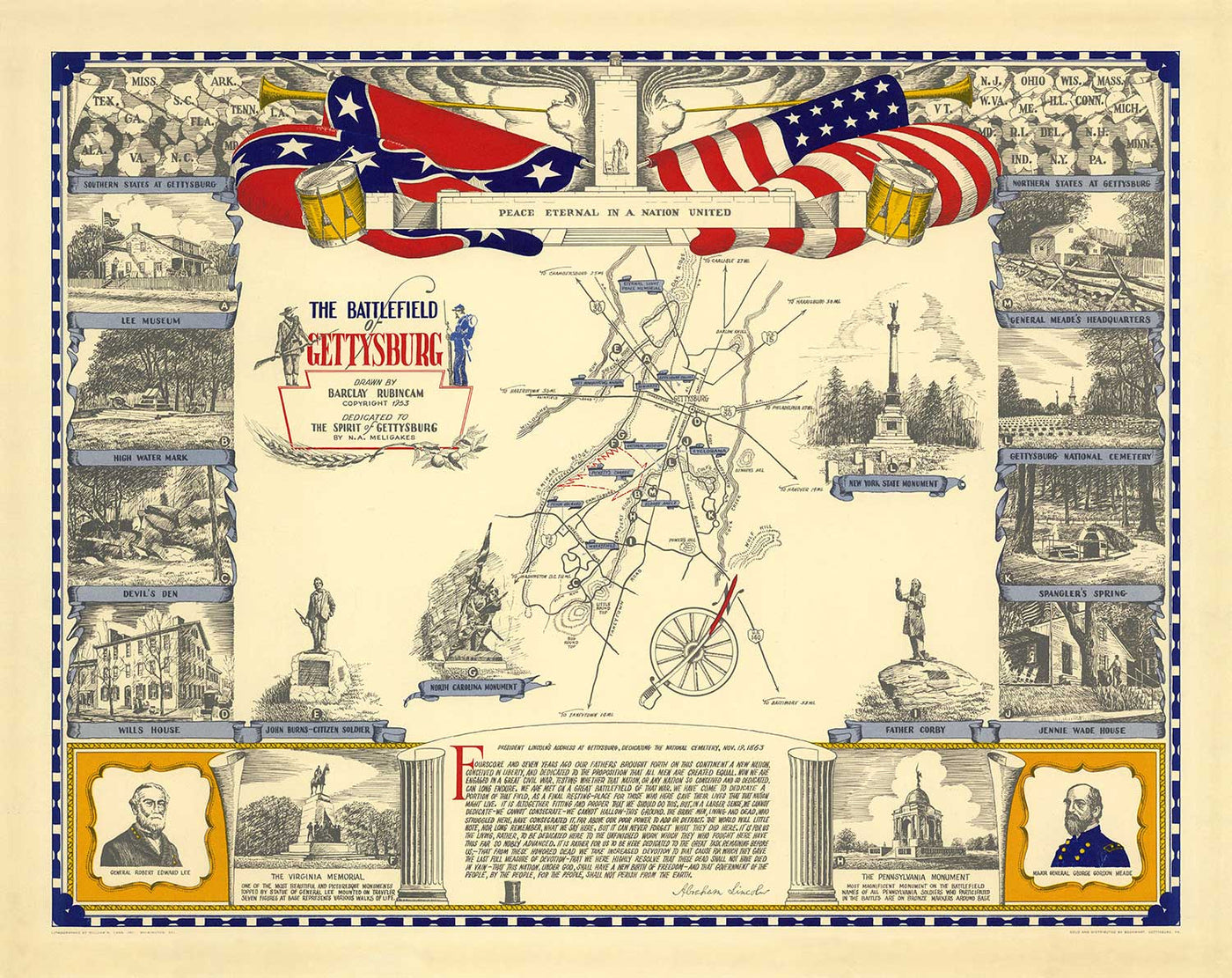 Old Map of the Battle of Gettysburg, 1863 by Barclay Rubincam - Civil War - Confederacy vs. Union Memorial Chart