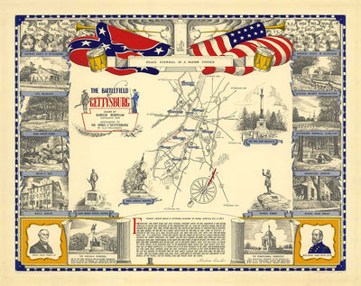 Old Map of the Battle of Gettysburg, 1863 by Barclay Rubincam - Civil War - Confederacy vs. Union Memorial Chart