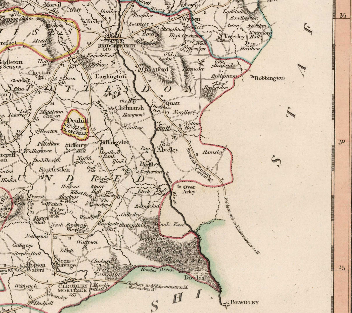 Alte Karte von Shropshire im Jahr 1805 von John Cary - Shrewsbury, Bridgnorth, Ludlow, Ironbridge, Oswestry 