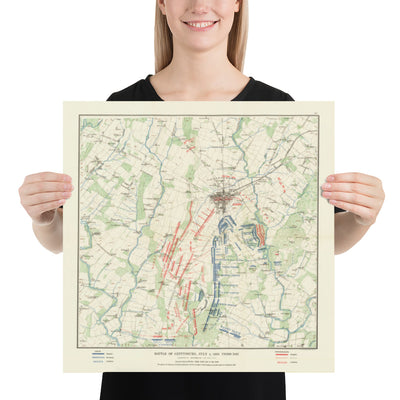 Old Map of the Battle of Gettysburg in 1900 by Julius Bien - North vs. South, Confederacy vs. Union Civil War Chart