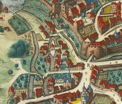 Viejo mapa de Zurich, Suiza 1638 de Matthaus Merian - Lago Zurich, Río Limmat, Canales, Paredes del castillo, Escudo de armas