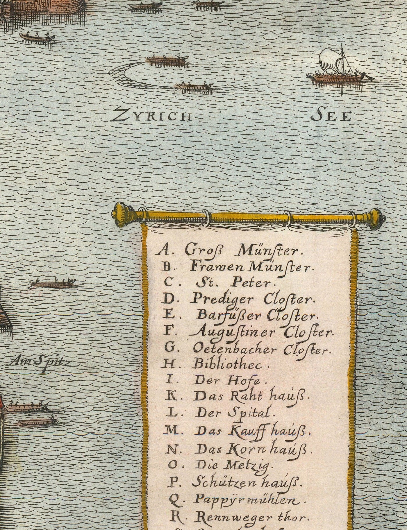 Viejo mapa de Zurich, Suiza 1638 de Matthaus Merian - Lago Zurich, Río Limmat, Canales, Paredes del castillo, Escudo de armas