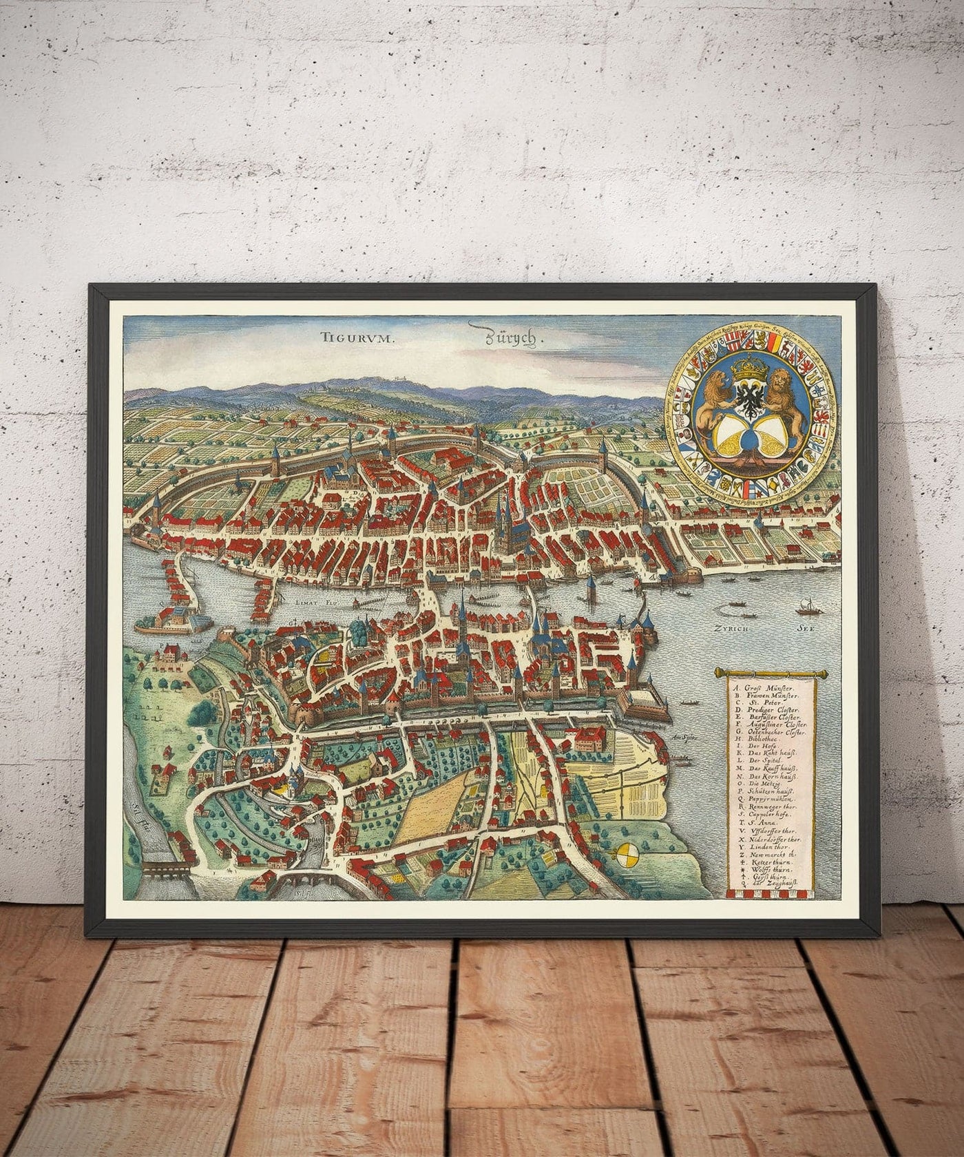 Viejo mapa de Zurich, Suiza 1638 de Matthaus Merian - Lago Zurich, Río Limmat, Canales, Paredes del castillo, Escudo de armas
