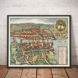 Old Map of Zurich, Switzerland 1638 by Matthaus Merian - Lake Zurich, Limmat River, Canals, Castle Walls, Coat of Arms