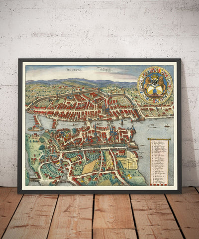 Viejo mapa de Zurich, Suiza 1638 de Matthaus Merian - Lago Zurich, Río Limmat, Canales, Paredes del castillo, Escudo de armas