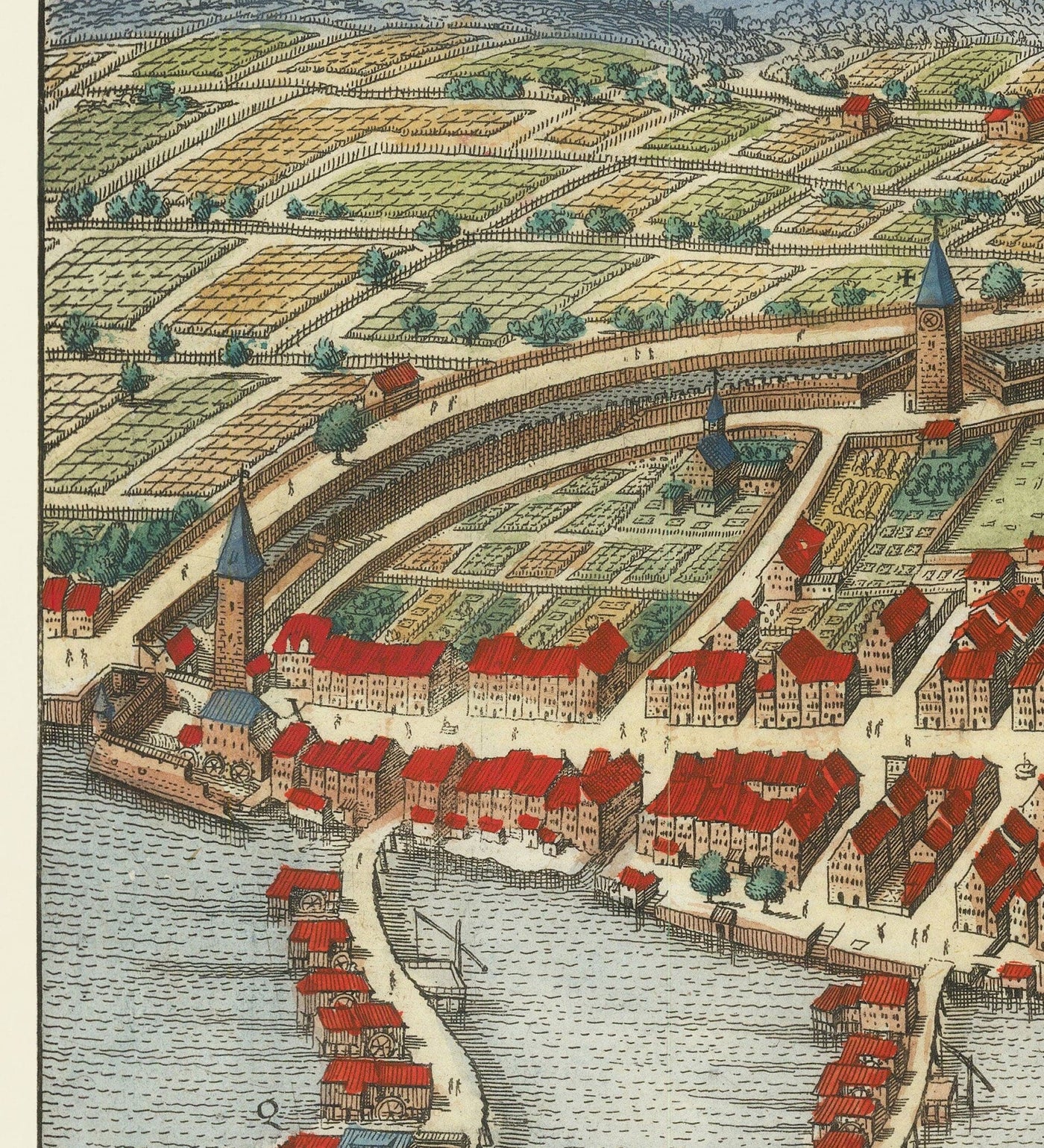 Viejo mapa de Zurich, Suiza 1638 de Matthaus Merian - Lago Zurich, Río Limmat, Canales, Paredes del castillo, Escudo de armas
