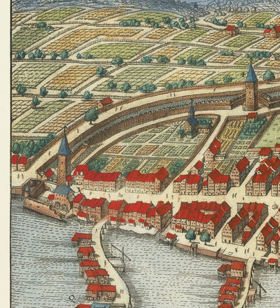 Viejo mapa de Zurich, Suiza 1638 de Matthaus Merian - Lago Zurich, Río Limmat, Canales, Paredes del castillo, Escudo de armas