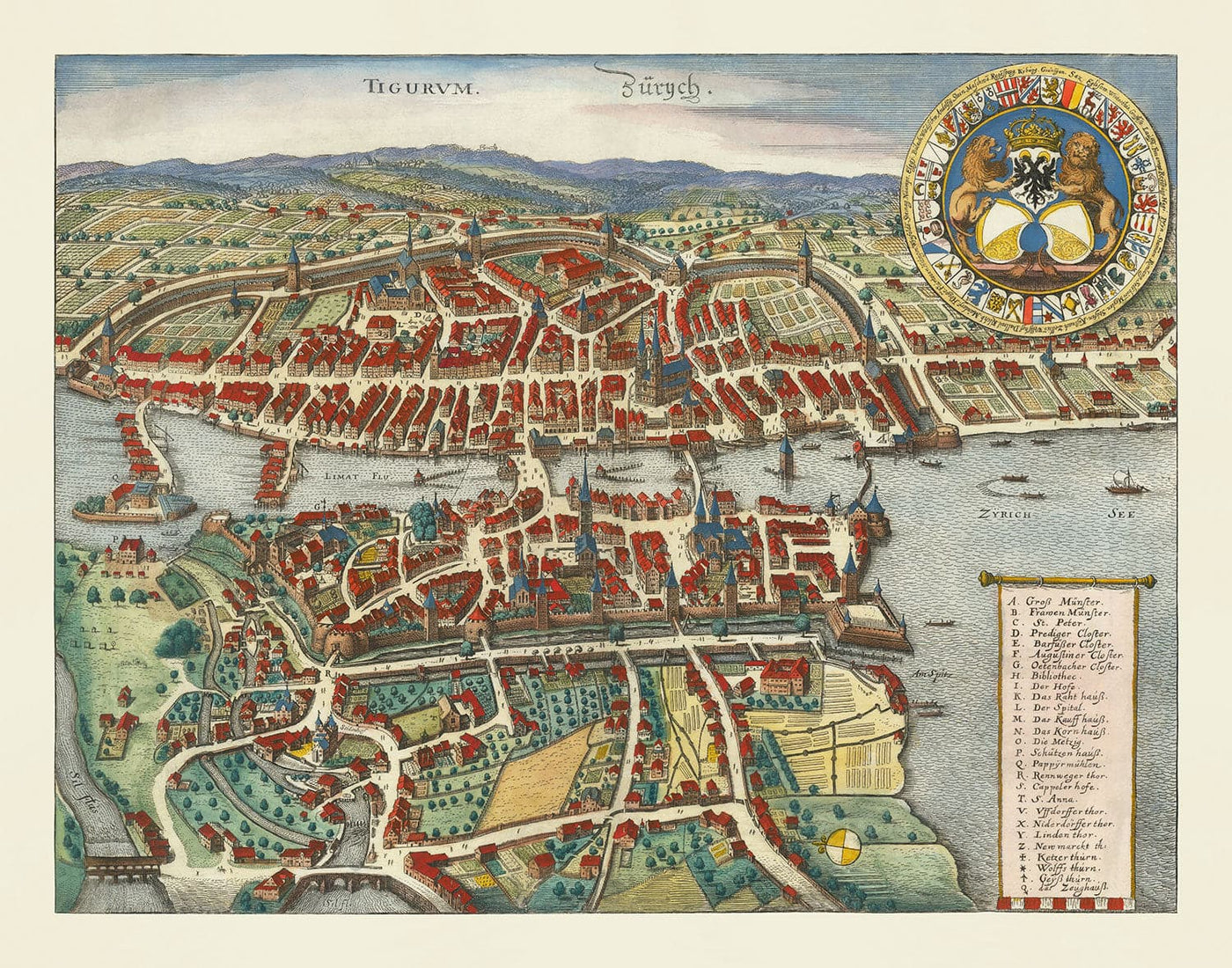Viejo mapa de Zurich, Suiza 1638 de Matthaus Merian - Lago Zurich, Río Limmat, Canales, Paredes del castillo, Escudo de armas
