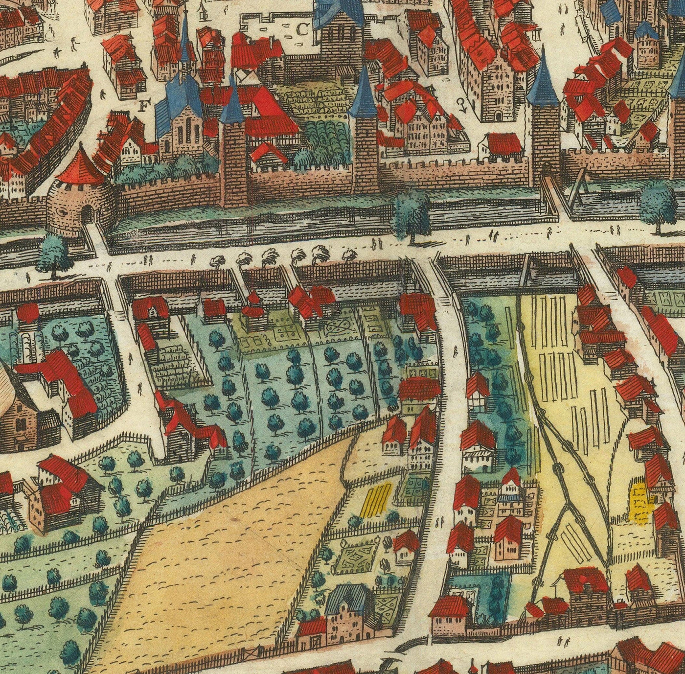 Viejo mapa de Zurich, Suiza 1638 de Matthaus Merian - Lago Zurich, Río Limmat, Canales, Paredes del castillo, Escudo de armas