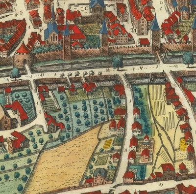 Viejo mapa de Zurich, Suiza 1638 de Matthaus Merian - Lago Zurich, Río Limmat, Canales, Paredes del castillo, Escudo de armas