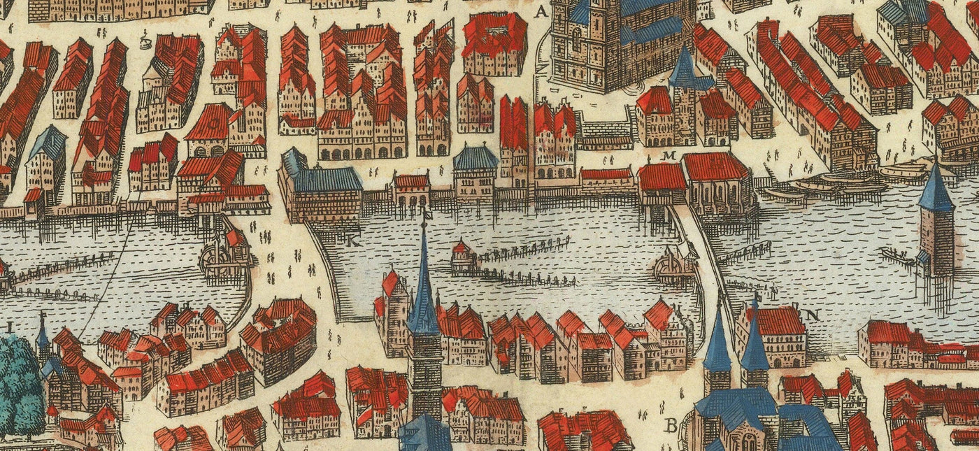 Viejo mapa de Zurich, Suiza 1638 de Matthaus Merian - Lago Zurich, Río Limmat, Canales, Paredes del castillo, Escudo de armas